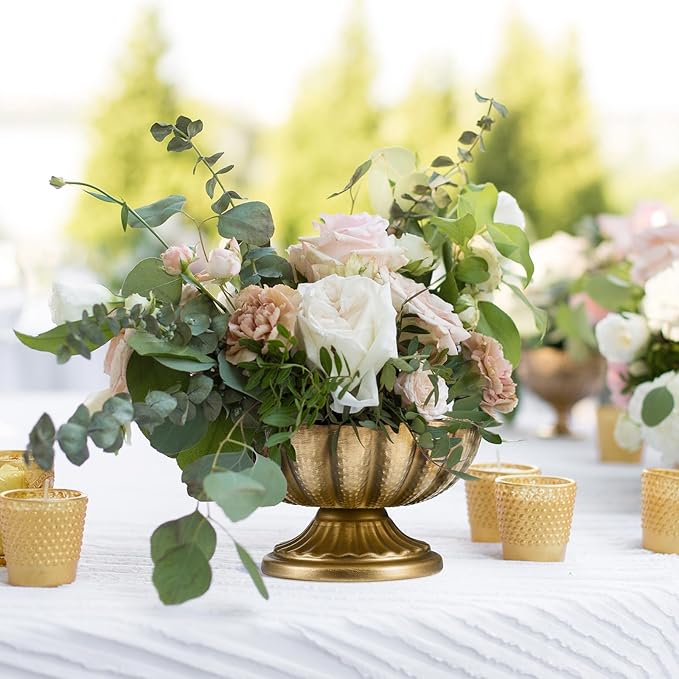 Set of 4, 7'' Wide 3.94'' High Distressed Gold Compote Pedestal Vases, Vintage Antique Urn Gold vases for Centerpieces, Metal Compote Bowl Vase for Wedding Centerpieces