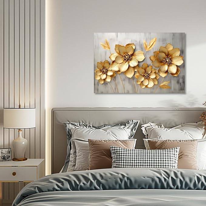 KPLUNDO Canvas Prints Wall Art Gold Flower Picture Gray Poster Landscape Painting Aesthetics Artwork Home Decor for Living Room Kitchens Decoration Gallery Wrap Ready to Hang(Art-2,16.00x24.00 inch)