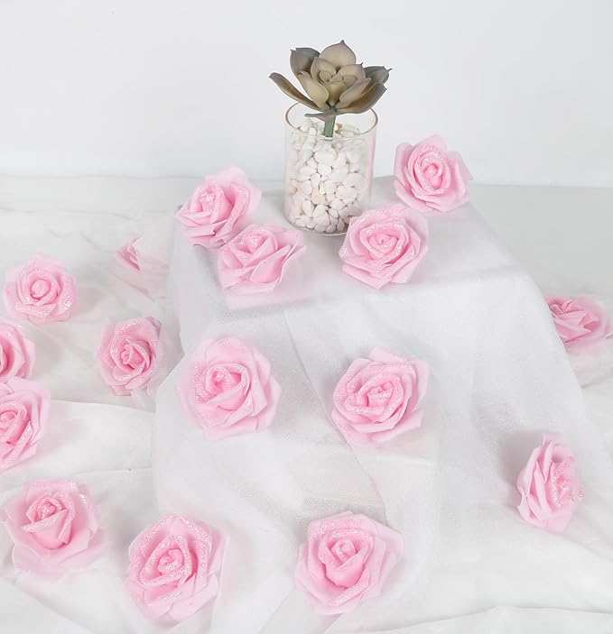 100pcs Light Pink Glitter Roses 2.56" Foam Glitter Flowers Fake Roses Pale Pink Flowers Artificial Roses for Bridal Shower Centerpieces DIY Wedding Flower Arrangements (Light Pink)