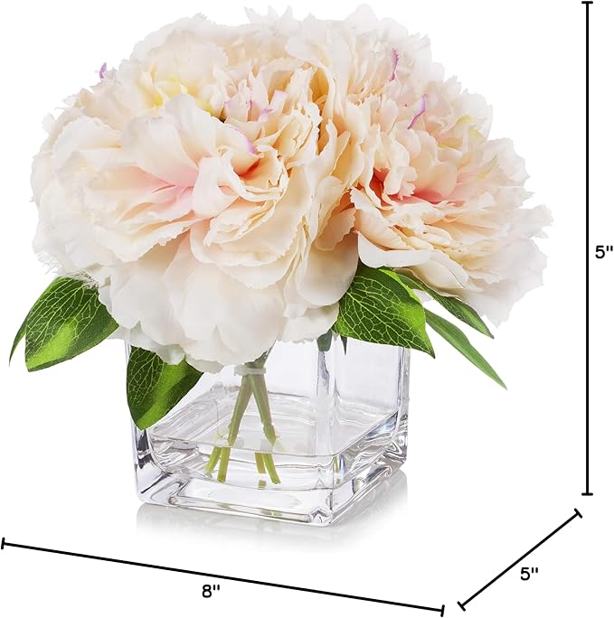 ENOVA HOME Silk Peony Flowers Arrangements in Cube Glass Vase with Faux Water for Home Table Wedding Centerpiece Decoration (Peach)