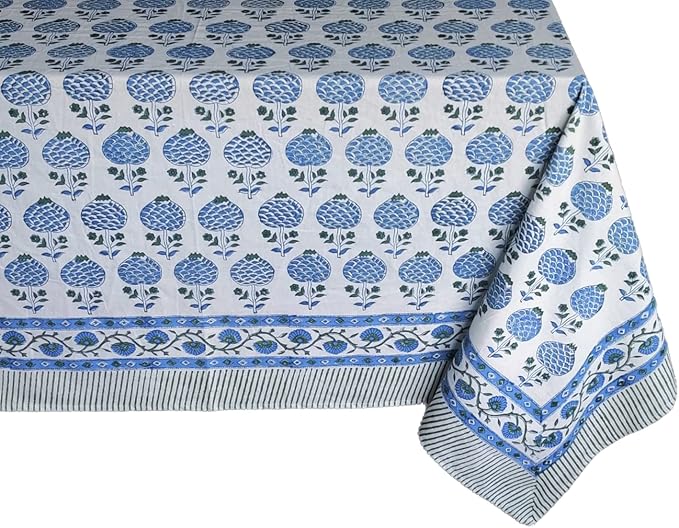 ATOSII Roma Blue 100% Cotton Boho Square Fall Tablecloth, Handblock Floral Print Table Cloth Linen for Kitchen Dining I Parties, Outdoors, Weddings, Christmas, Thanksgiving Decor 60 X 60 Inches