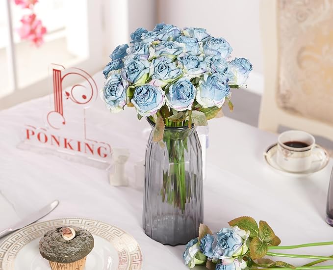 Rose Artificial Flower 28pcs Realistic Faux Silk Roses Fake Flowers Bouquets Arrangements Decor for Wedding Spring Mother's Day, Home Table Decorations, Blue Flower