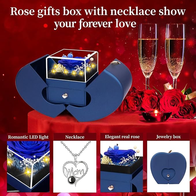 Gifts for Mom from Daughter and Son, Unique Mother Birthday Gift Idea, Preserved Blue Real Roses with I Love You in 100 Languages Mom Necklace, Cool Present to Mother Mama-Blue