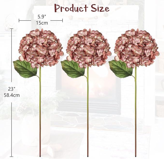 Hollyone 3Pcs Christmas Flowers Artificial Hydrangea Flowers with Stems 23inch Glitter Fake Hydrangea Flower Pink Floral Arrangements Bouquets Xmas Faux Hydrangea Wedding Christmas Tree Home Decor