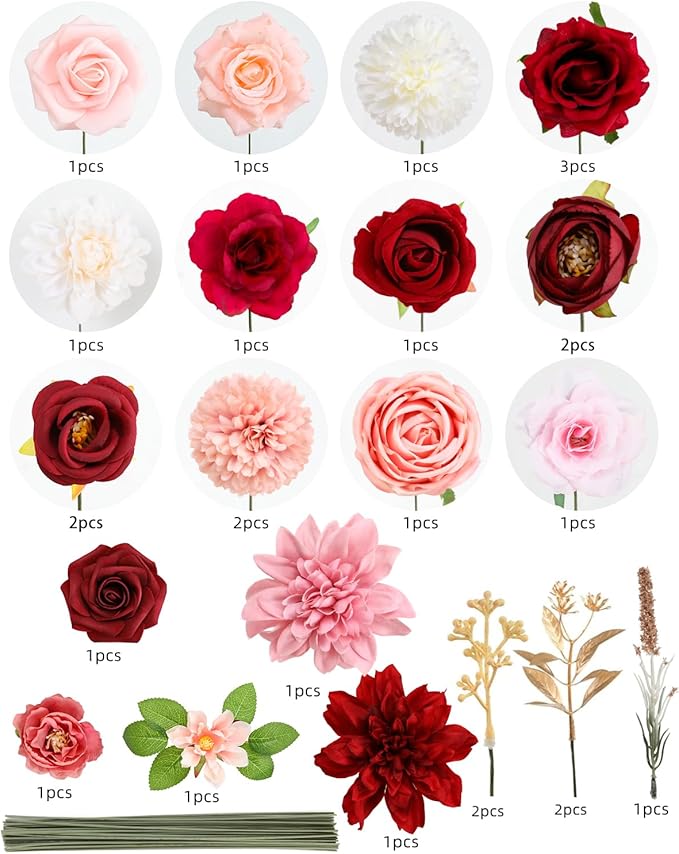 Senseya Artificial Flowers Combo, Dark Pink Silk Roses, Peonies, Dahlias with Stems for DIY Wedding Bouquets, Baby Shower, Table Centerpieces, Home Decor, Fake Floral Arrangements, Party Decorations