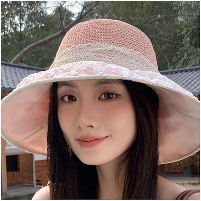 Women's Sun Shade Hat UPF 50+ - Foldable Straw Beach Cap with Lace Bow, Breathable Summer Travel Hat for Women