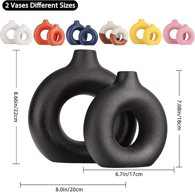 Black Vase Decor Donut Vase Set of 2 - Circle Hollow Vases, Modern Matte Ceramic Vases for Entryway Living Room Bedroom Dining Table Centerpiece Office Home Decor