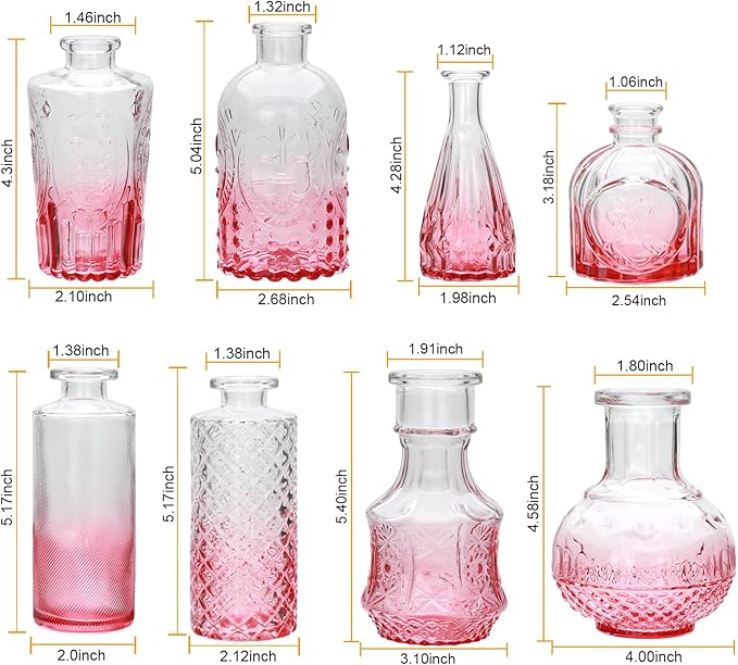 Brajttt Pink Flower Vase Set, Glass Bud Vase in Bulk Set of 8,Artistic and Cultural Flavor Mini Vases for Home Office Decor, Bedroom, Office, Living Room Decorations,Wedding