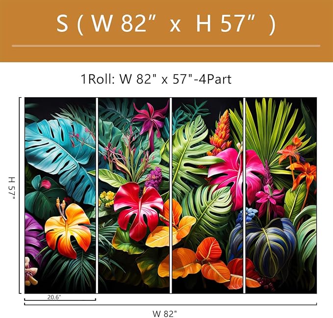 Tropical Jungle Wallpaper Peel and Stick Colorful Botanical Leaf Self Adhesive Wall Mural for Living Room Bedroom 82"x57"