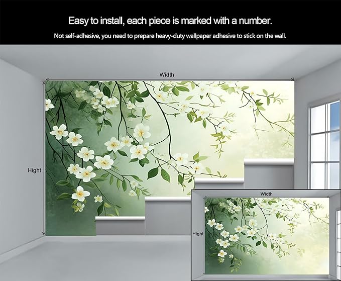 Spring Blossom Floral Wall Mural, Minimalist White Floral 3D Wall Murals, Elegant Botanical Wallpaper Mural, for Living Room Bedroom Large Wallpaper Indoor Decor 157.5" W x110.3 H