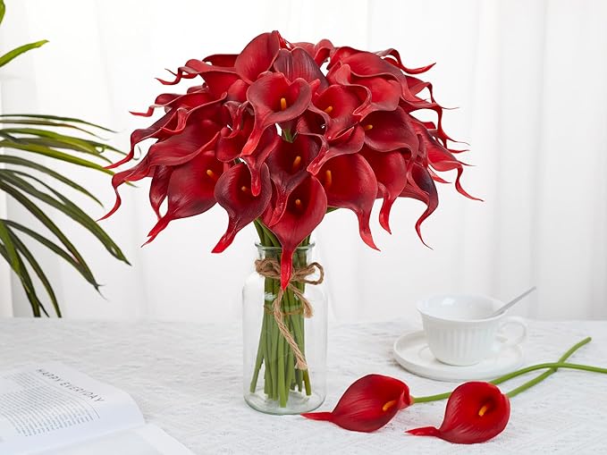 24 Pcs Artificial Calla Lily Flowers Fake Silk Flowers Real Touch for Halloween Wedding Bouquet Office Home Kitchen Decor (Burgundy)