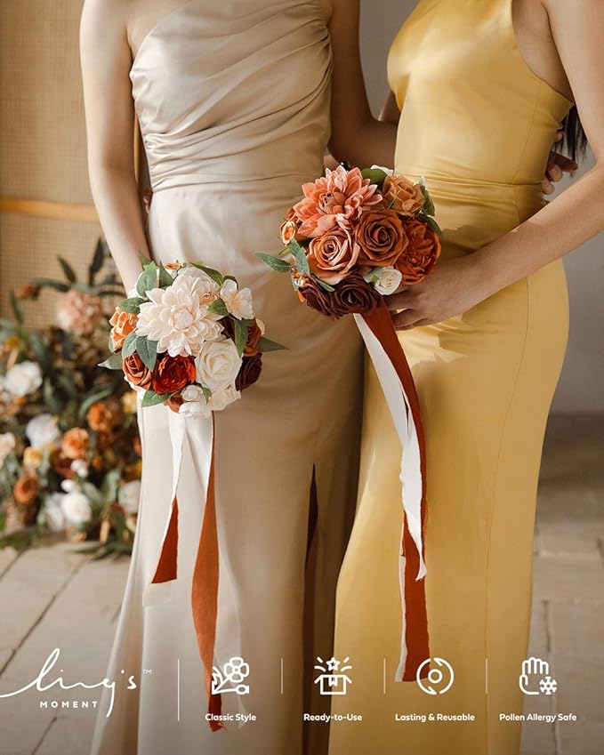 Ling's moment Terracotta Artificial Flowers Bridesmaid Bouquet Set of 4, Burnt Orange Wedding Flowers Bouquets for Bridesmaids, 7 Inch Bridal Bouquets for Bridesmaids, Wedding, Ceremony