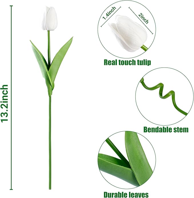 Sggvecsy 30 Pcs Fake Tulips Artificial Flowers Real Touch PU Faux Flowers Tulip Stems for Wedding Spring Bouquet Floral Arrangement Home Party Office Decorations for Mother's Day (White)