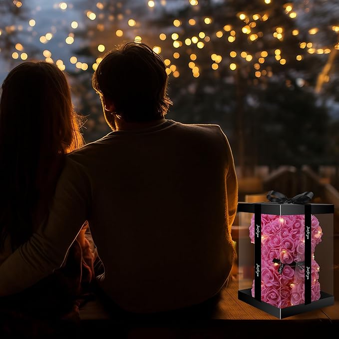 Otlonpe Cute Bear Rose Flower with Light | Women Gifts & Indoor Table Decorations for Christmas, Valentines, Mothers Day, Birthday, Anniversary | Handmade Gifts for Women Mom Wife Girlfriend (Pink)