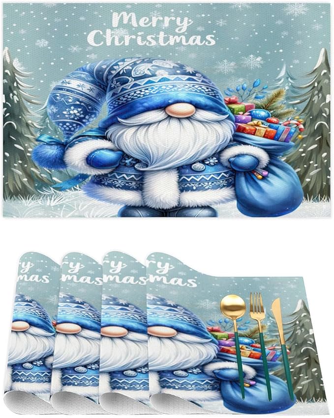 Xmas Christmas Gnomes Bule Snowflake Placemats Set of 6 PVC Vinyl Non Slip Table Mats Heat Resistant Place Mats Washable Wipeable Dining Table Mat for Kitchen Party Indoor Outdoor Decorative Gift