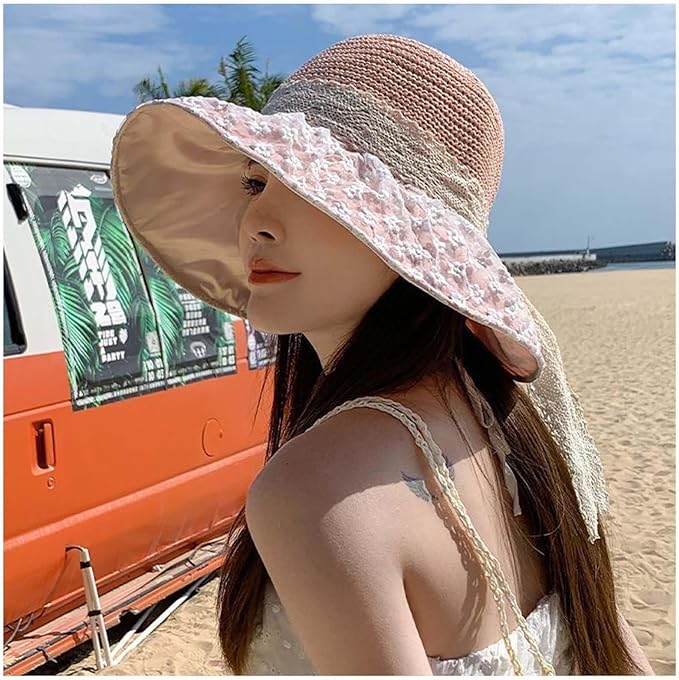 Women's Sun Shade Hat UPF 50+ - Foldable Straw Beach Cap with Lace Bow, Breathable Summer Travel Hat for Women