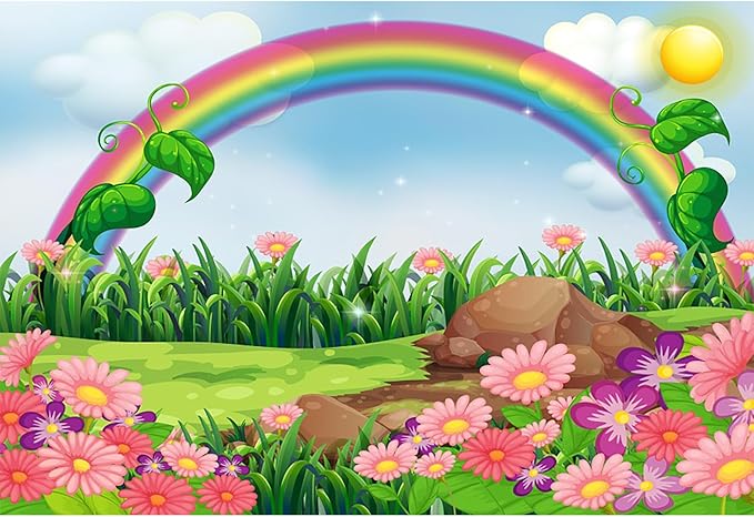 AOFOTO 12x10ft Cartoon Spring Flowers Rainbow Backdrop Meadow Sweet Floral Blossom Sky Sun Enchanting Garden Scenery Background for Kids Baby Shower Birthday Party Decor Wallpaper Photoshoot Props