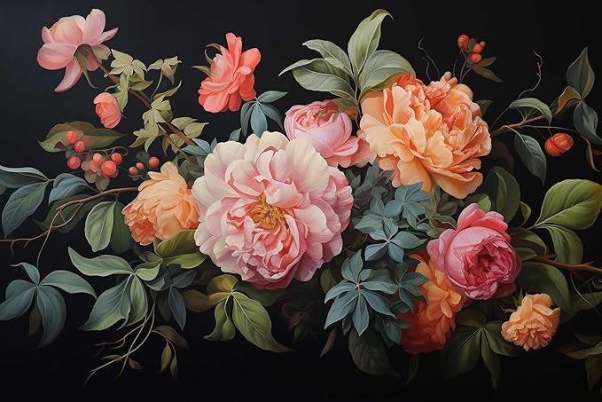 Watercolor Seamless Black Background Floral Pattern Wallpaper, Large Wall Background Decorative Wall murals(Non-self-Adhesive)