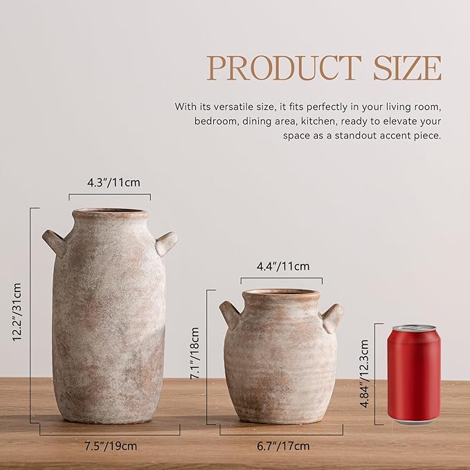 Large Flower Vase Home Decor - 12 inch Tall Ceramic Farmhouse Rustic Table Vases with Handle Living Room Decoration Decorative Modern Pottery for Floor Kitchen Shelf Coffee Dining Desk Fireplace
