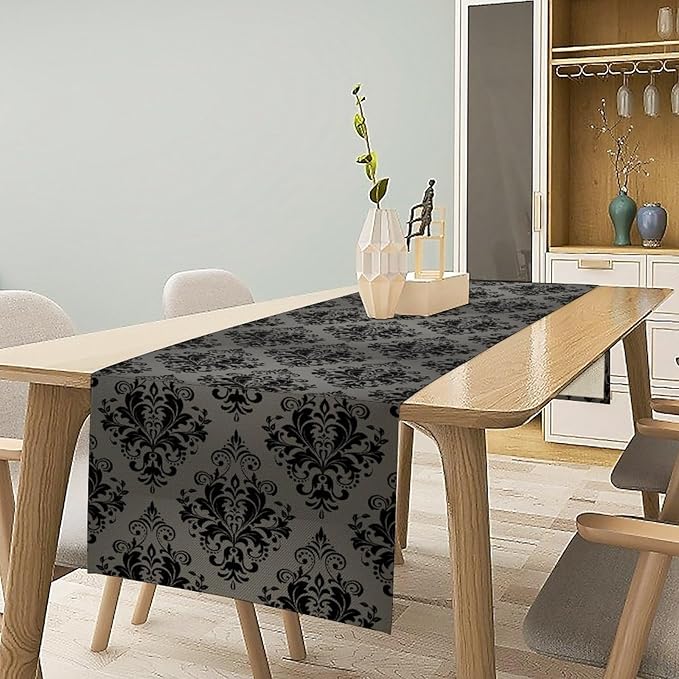 Black Damask Table Runner,Gothic Antique Victorian Floral Boho Table Runner for Home Kitchen Table Dining Garden Farmhouse Wedding Party Decor 13x108 Inch