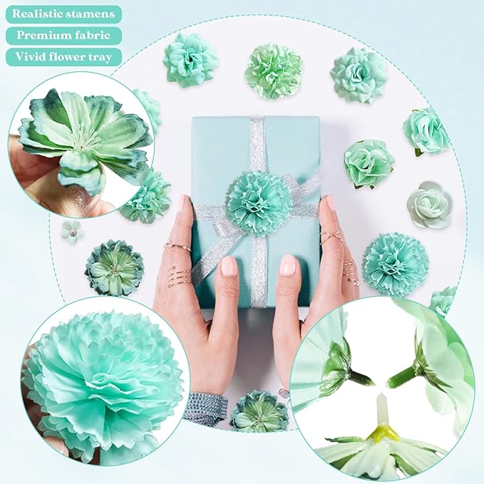 70 pcs Mini Artificial Flowers Heads Mint Green Silk Peony Daisy Rose Bulk Mix Flower Heads Faux Rose for Crafts Graduation Wedding Baby Shower DIY Home Party Decoration