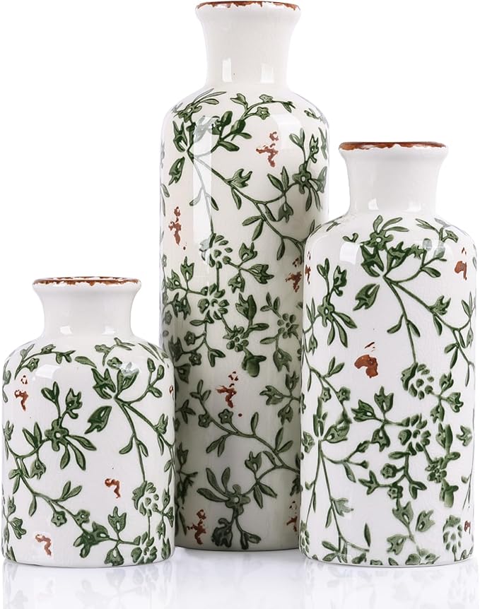 Green Chinoiserie Ceramic Vase Set of 3 – Vintage Green Floral Vases, Decorative Porcelain Vase Set for Flowers, Rustic Farmhouse & Cottage Core Home Decor, Living Room, Shelf & Table Centerpieces
