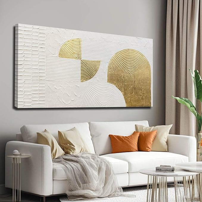 VAYIMDH White Abstract Wall Art Hand Drawn Wall Decor Pictures Semicircle Paintings Arts for Living Room 24"x48" Artwork