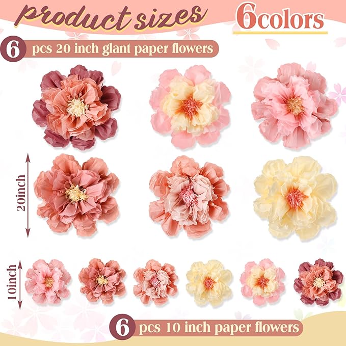 MotiMind 12 Pcs Large Colorful Tissue Paper Flowers 20" 10'' Giant Fiesta Paper Flowers Mexican Pom for Carnival Party Wall Backdrop Decoration Wedding Birthday (Vintage Color)