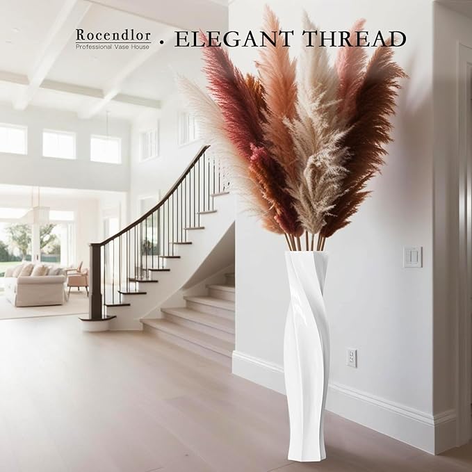 Tall Vases - 23.6" Tall Floor Vase for Home Decor, Floor Vases, Black Hexagon Twist Floor Vase, Fits Into Hay/Pampas Grass, Living Room, Office, Wedding Decor (White)