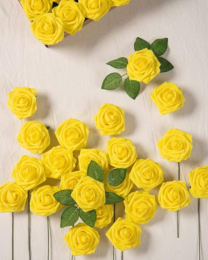DuHouse 25Pcs Artificial Roses Flowers Fake Roses with Stems Real Touch Foam Flowers for DIY Wedding Bouquet Baby Shower Centerpiece Floral Arrangement Party Home Decor(Yellow)