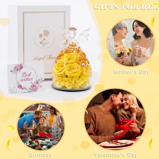Beferr Christmas Birthday Gifts for Women, Mom Gifts for Christmas Fresh Flowers for Delivery Prime Forever Preserved Rose in Glass Angel Figurine Xmas Gifts for Grandma Wife Sister Her, Yellow