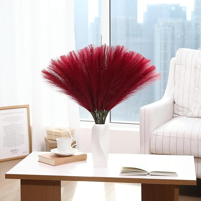 Faux Burgundy Pampas Grass - 30pcs 24 Inch Artificial Pampas Grass Decor Tall, Fake Pompas Grass for Vase Filler, Table Centerpieces, Wedding, Party and Home Decor (Burgundy, 30 Pieces)