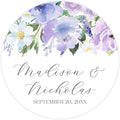 Personalized Floral Wedding Stickers with Your Choice of 30 Flower Styles - Choose Font and One of Five Pre-made Phrases or Add Custom Text (023 - Purple Flowers)