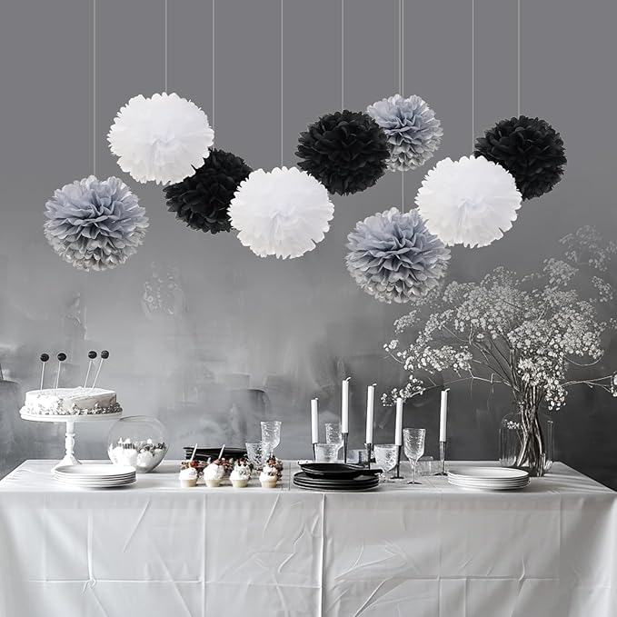 WEVEN Tissue Pom Poms Tissue Paper Flowers Tissue Fluff Balls Party Decorations 12-Inch Pack of 12 (Black, White, Silver)