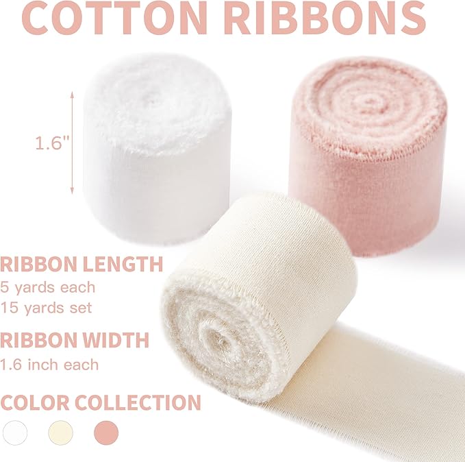Keypan Pink White Ribbon 1-1/2 x 15 Yards Handmade Cotton Frayed Fringe Fabric Ribbons for Crafts Flower Bouquets Wedding Baby Shower Home DIY Decor