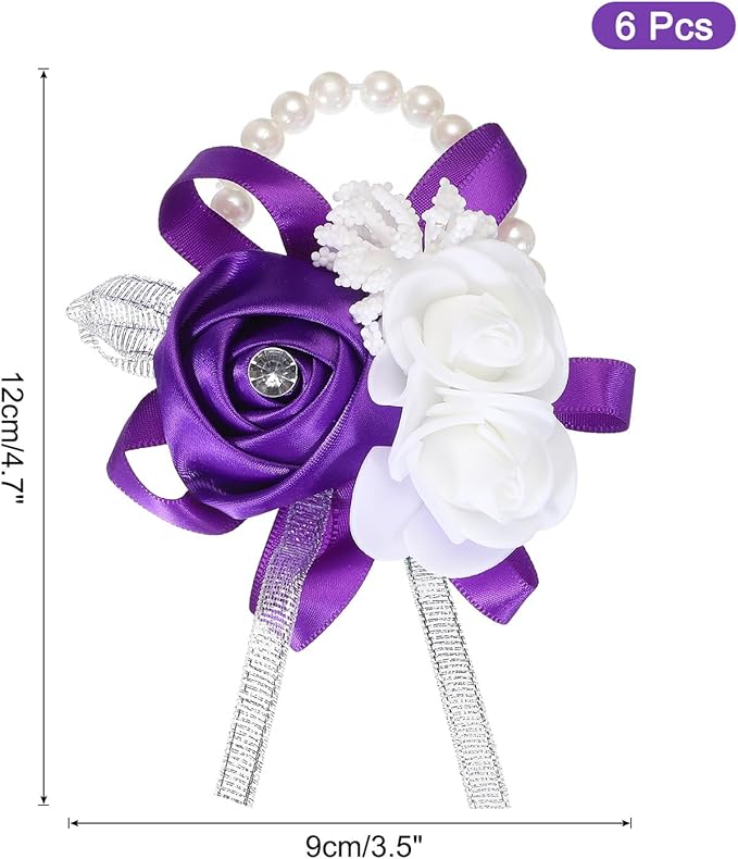 MECCANIXITY 6Pcs Wrist Corsage Artificial Flower Bracelets Rose Wrist Bride Groom Decorative for Wedding Ceremony Prom Party Anniversary Purple