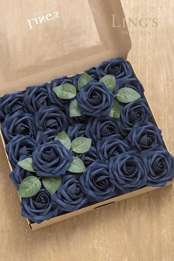 Ling's moment Artificial Flowers 25Pcs Deep Navy Blue Roses Decor w/Stems,3" Real Touch DIY Foam Floral for Wedding Bouquet/Centerpieces, Outdoors Party Backdrop, Room/Table, and Garden/Pot Decor