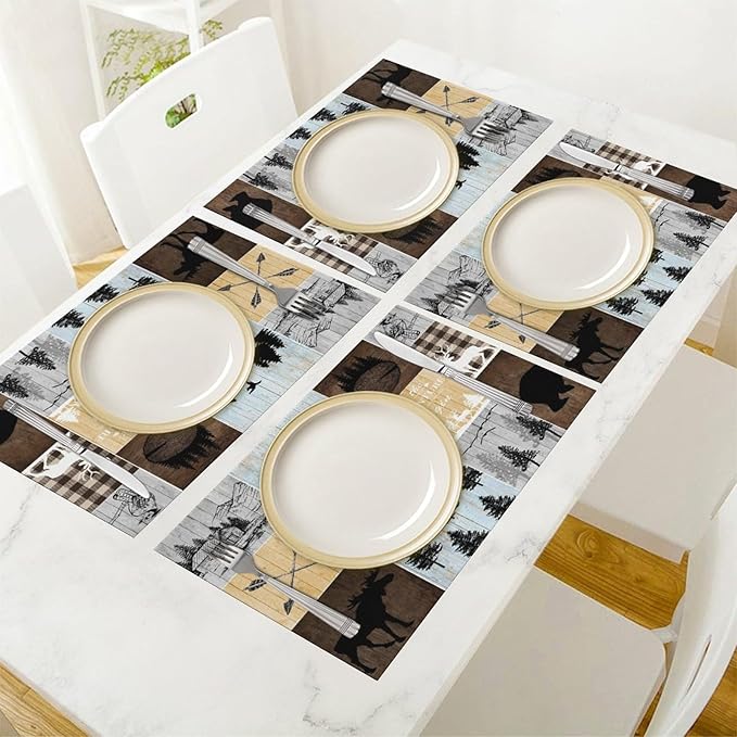 Rustic Lodge Bear Deer Placemats 6 Pcs,Vintage Cabin Pine Cone Plaid Place Mats,Linen Dining Table Mats Home Kitchen Decor, 18 X 12 Inch 6 PCS, Style-22