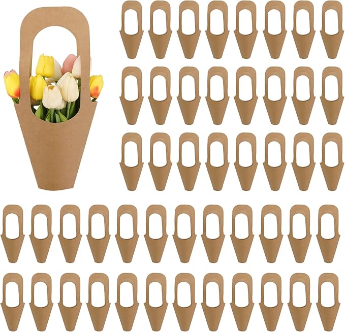 Jeqqinuz 50 PCS Flower Bags for Bouquets, Kraft Paper Gift Bags with Handle, Floral Wrapping Paper for Bouquet Packaging, Wedding Graduation Party Favors, Brown Cone Sleeves Home Decoration