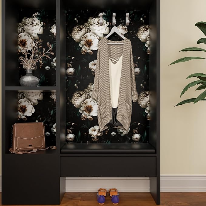 Dark Wallpapr Peel and Stick Boho Wallpaper 17.5in x 393in Black Floral Contact Paper Waterproof Self Adhesive Vintage Large Floral Wall Paper for Bedroom Walls Cabinet Decor