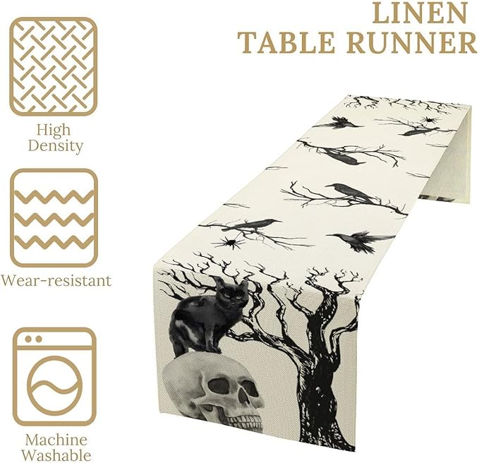 Gothic Table Runner, Black Cat Day of Death Crow Skull Halloween Witchy Retro Coffee Table Center Decor for Home Kitchen Dining Patio Holiday Party Table Decorations 13x108 inches
