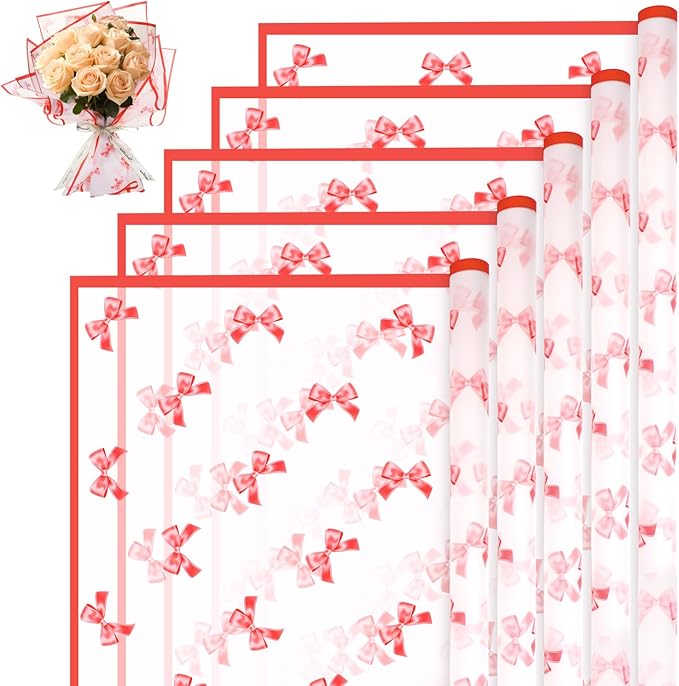 Liobelon 20 Sheets Flower Wrapping Paper Waterproof Bouquet Paper with Bow Pattern Gift Wrapping Paper for Flower Shop, Wedding, Birthday Party, Handmade DIY, Anniversary 22.8 x 22.8 Inch (Bow - red)