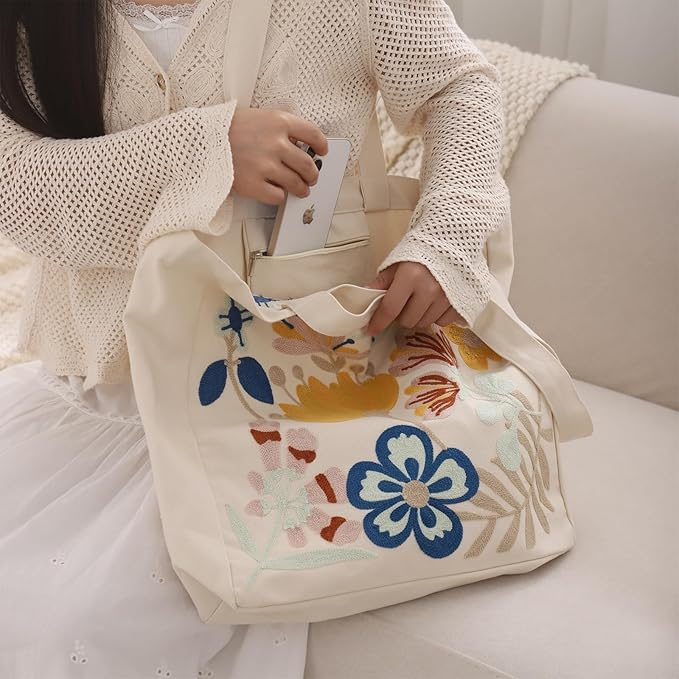 Aesthetic Embroidery Tote Bag for Lady Cute Reusable Canvas Shoulder Bag for Girls Women Shopping Grocery