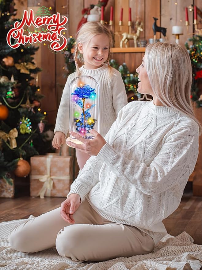 Christmas Rose Gifts for Women Mom Birthday Gifts, Galaxy Glass Rose Forever Preserved Flowers for Delivery Prime Light Up Rose in Glass Dome with Butterfly Xmas Gifts for Grandma Her Wife Daughter