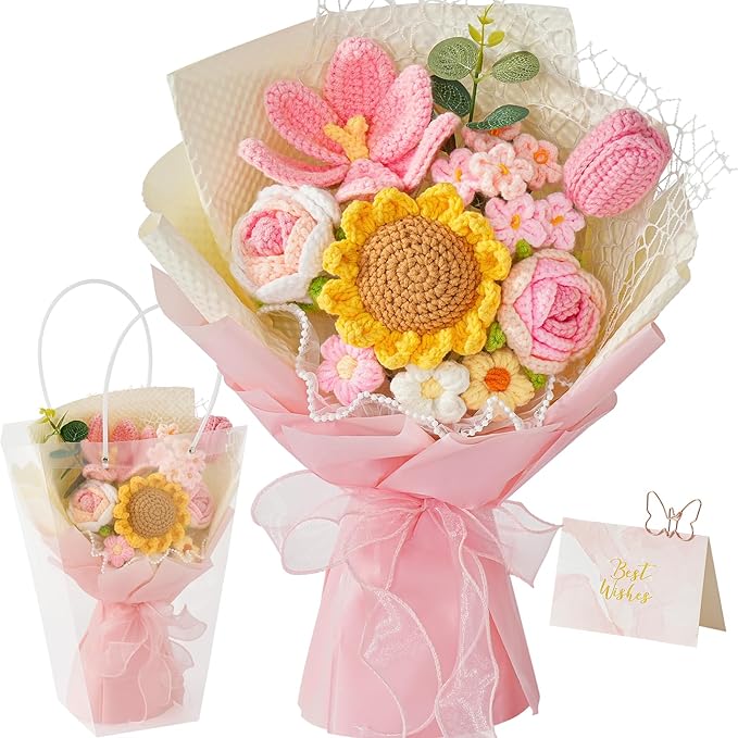 Cilimnas Crochet Flower Bouquet,Pink Knitted Flowers, Handmade Sunflowers Tulips Roses Bouquet for Birthday Anniversary Party Mother's Day Graduation Gifts