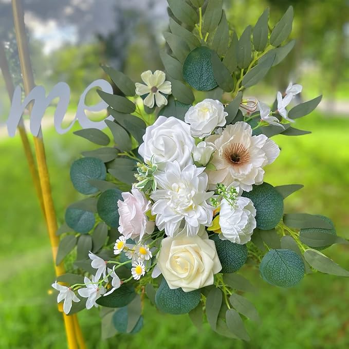 Artificial Arch Flowers Swag Set of 2 for Wedding Welcome Sign Floral Decoration and Reception Backdrop Decoration(Champagne White)