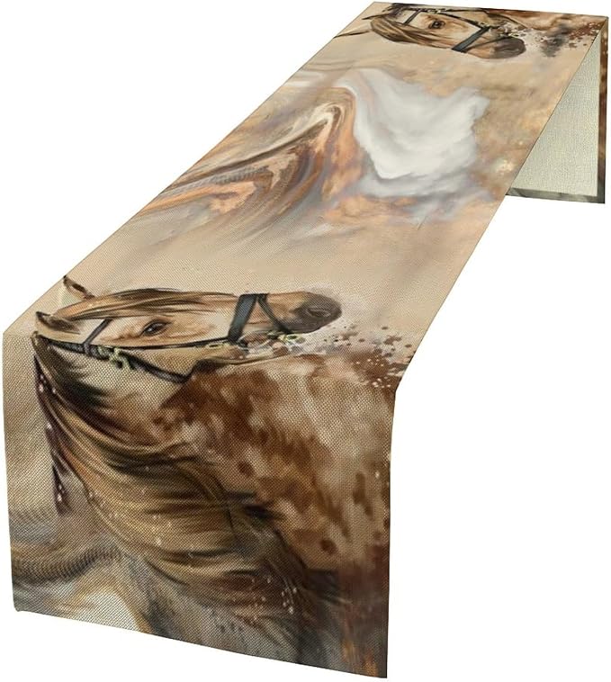 Marble Horse Table Runner, Dark Brown Marble Abstract Horse White Gold Natural Texture Dinner Runner Table Decoration for Home Kitchen Dining Holiday Party 13x60in
