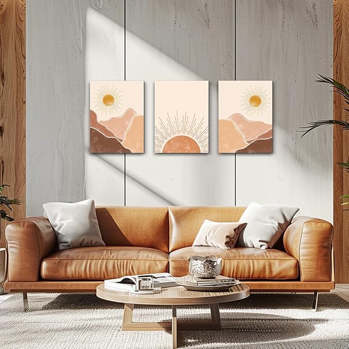 Boho 3 Piece Large Size Canvas Wall Art - Minimalist Abstract Mountain Sunshine Paintings For Living Room, Bedroom, Office & Children's Room Decor
