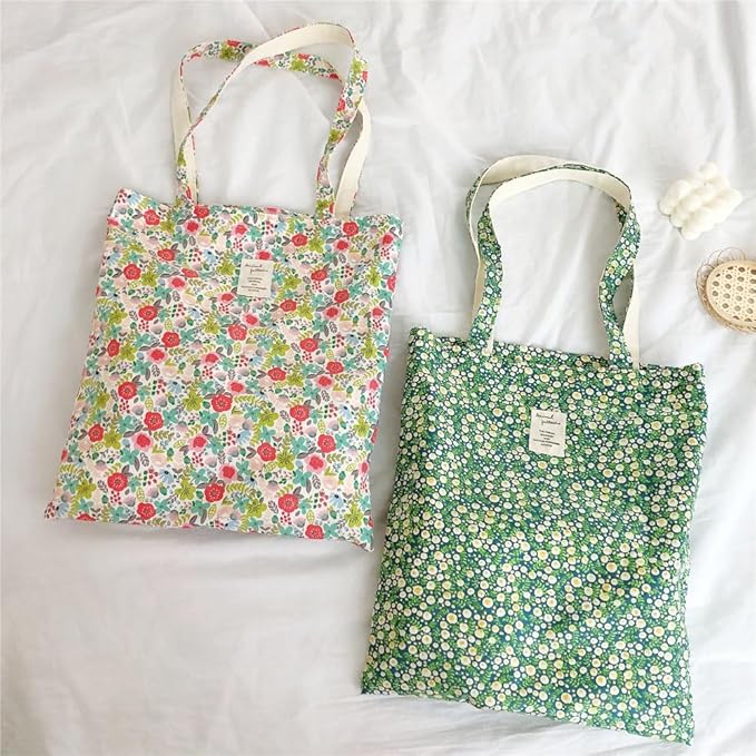 Cotton Canvas Tote Bag Reusable Soft Grocery Cloth Bag Floral Shoulder Bag for Beach Travel Shopping