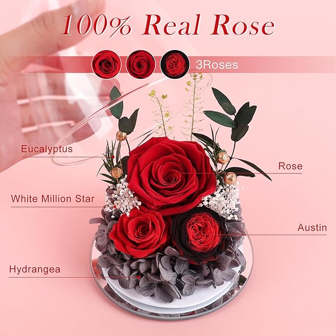 FIACO Gifts for Women Preserved Rose Forever Flower in Glass Angel Figurine Fresh Flowers for Delivery Mothers Day Birthday Gifts for Mom Grandma Wife Sister Red